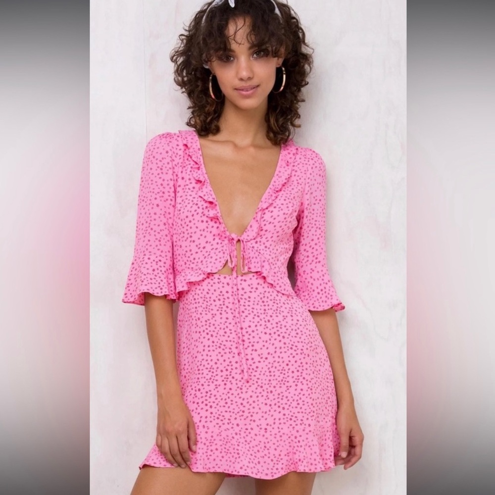 For Love & Lemons Nostalgic Pink Star Tie Front Dress